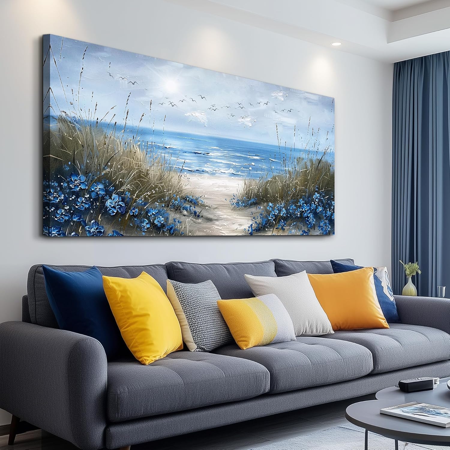 KELIYUAN Large Wall Decor For Living Room Canvas Wall Art For Office Bedroom Aesthetic Blue Ocean Sea Wave Wall Painting Artwork Pictures Modern Beach Posters Ready To Hang Home Decoration 30'x60'