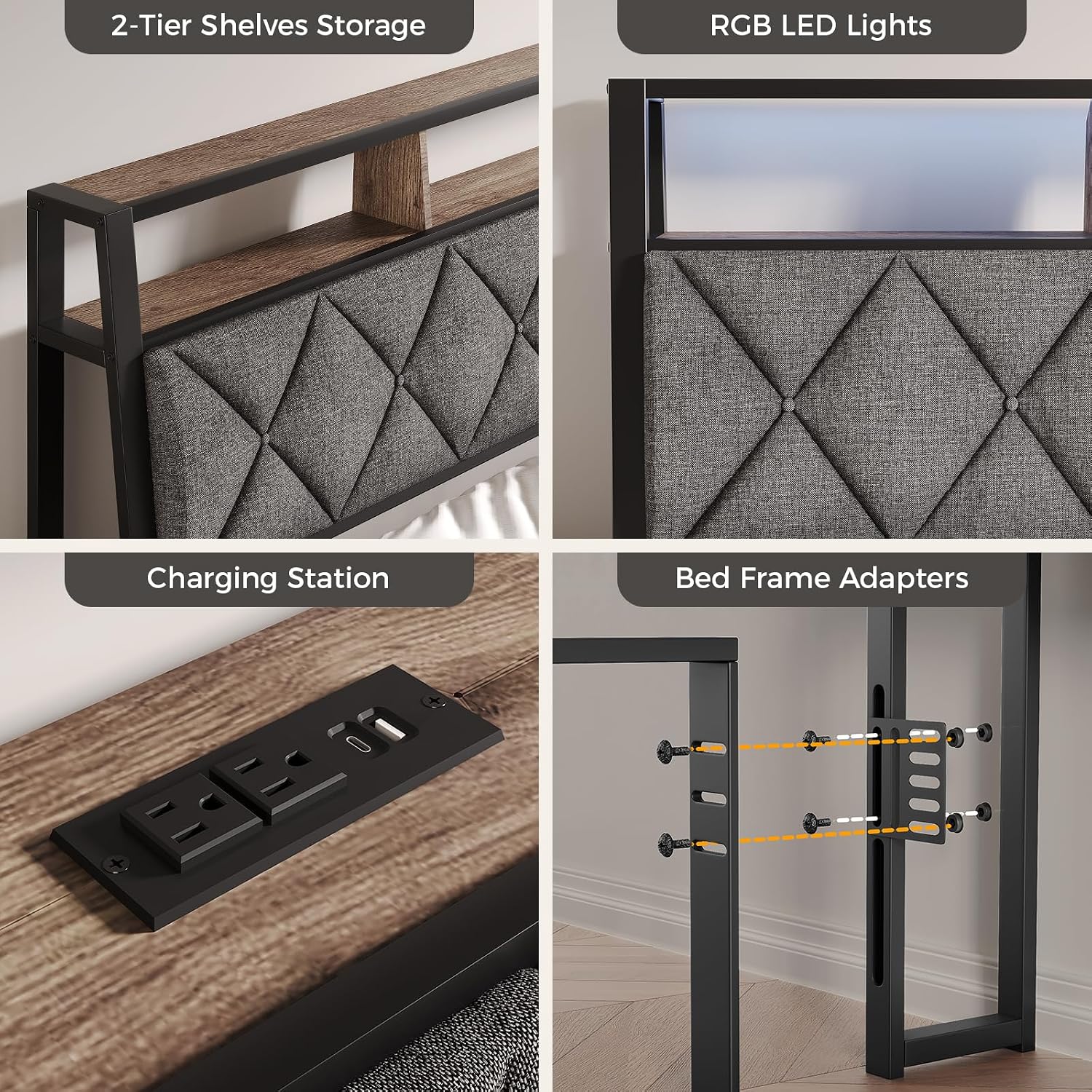 Full Headboard Only, Headboard for Full Size Bed with Storage, Upholstered Headboards with LED Lights & Charging Station, Attach Frame, Ideal for Bedroom/Dorm/Guest Room, Dark Grey & Brown