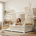 Twin Montessori Kids Floor Bed with Rails and LED Light, Low Twin Beds Frame with Fence and Removable Roof, Wood Montessori Floor Bed Frame for Kids, Girls, Boys, White