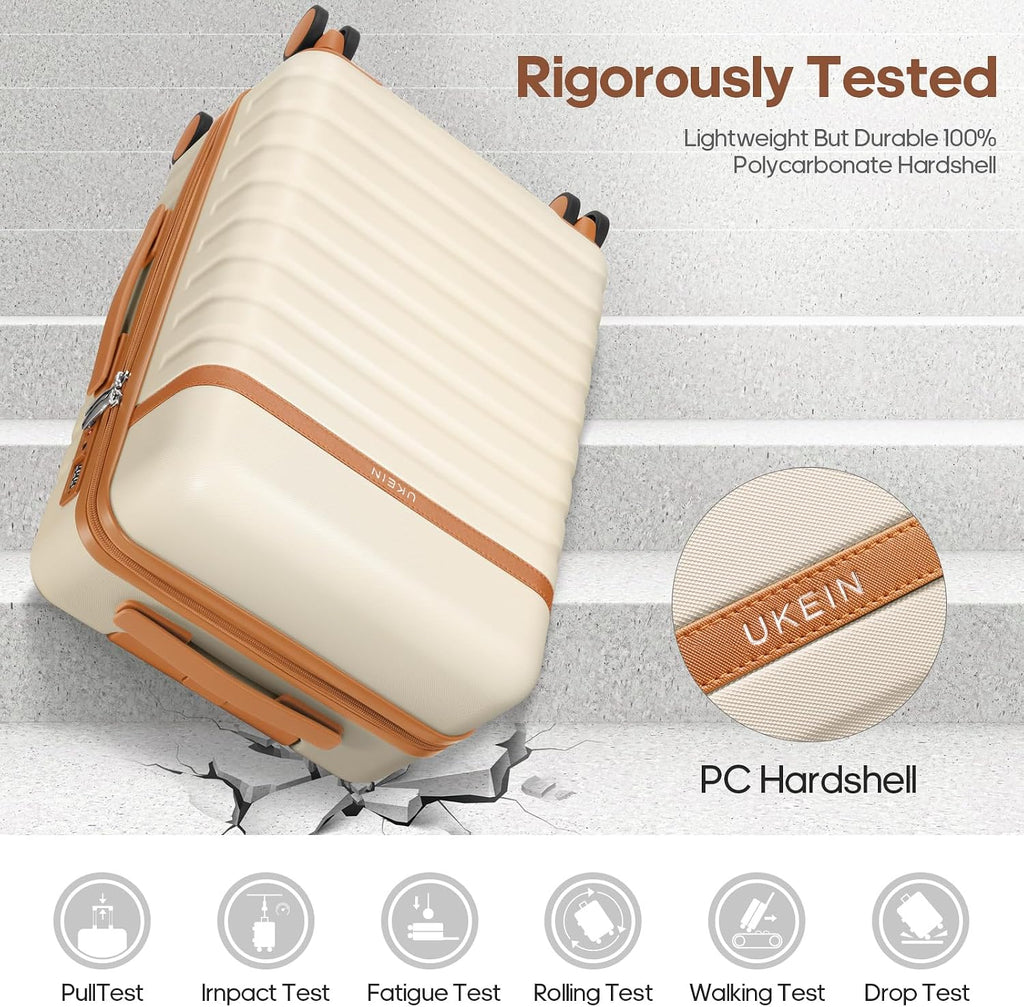 UKEIN Luggage Sets 3 Piece, PC Hardside Carry On Luggage 20 Inch With Spinner Wheels with TSA Lock, Carry On Suitcase Set With Travel Backpack for Men (Beige, 3 piece set (20/24/28inch))