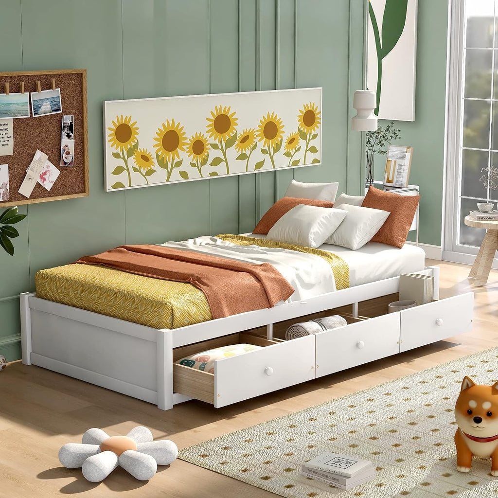 Bellemave Twin Platform Bed Frame with 3 Storage Drawers, Wood Twin Size Bed with Support Slats, Twin Bed Frame for Kids,Teens,Adults No Box Spring Needed (White)
