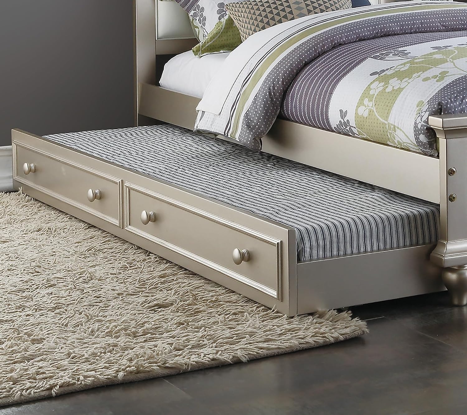 GOWE Contemporary Style Silver Twin Size Bed w/Trundle Slats Pine Plywood Kids Youth Bedroom Furniture White Faux Leather Tufted HB