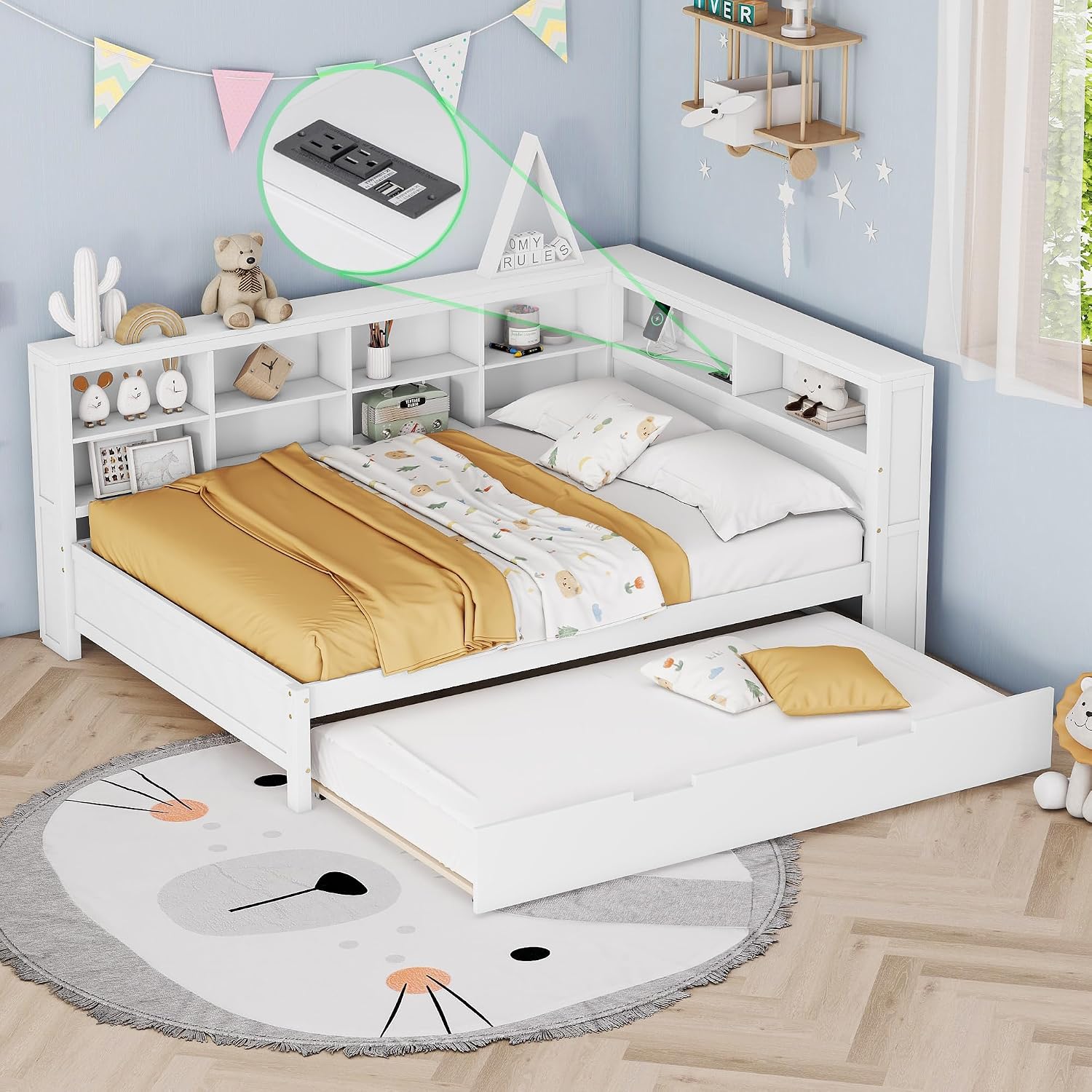 Modern Full Size Daybed with Trundle, Solid Wood Captain Platform Bed with Storage Cabinets and USB Ports, Low Floor Bed for Kids Teens Adult Bedroom, Easy Assembly (White-FF025)