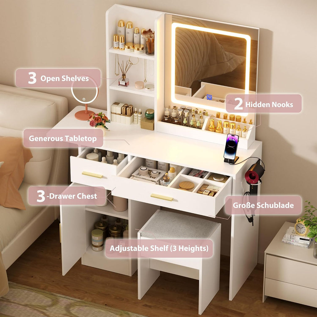 ERLEJIA Vanity Desk with Mirror and Lights & Extral Foldable Desk, 31.5' & 39.3' Makeup Vanity Table with 4 Drawers and 3 Open Shelves, Dressing Table for Bedroom, White