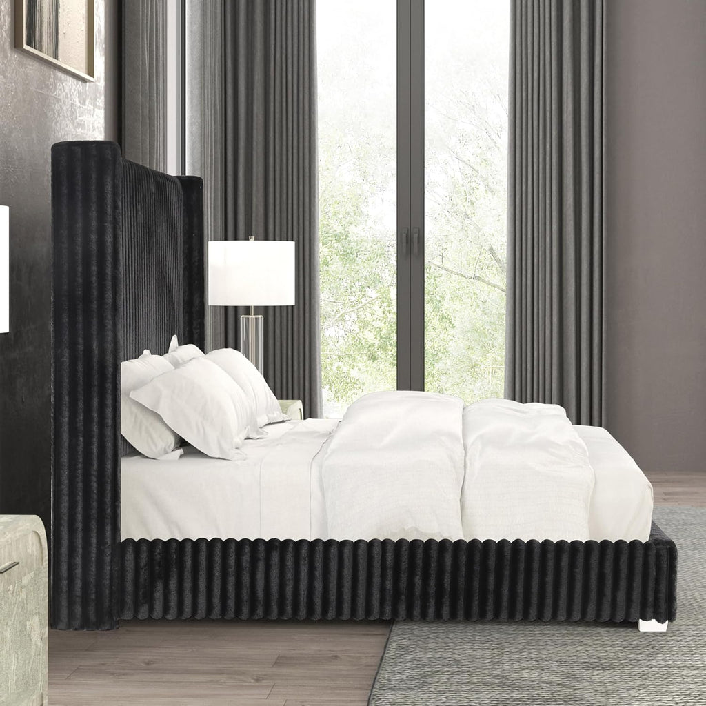 Furniture of America Plutforn Modern Wood 65-inch Queen Platform Bed with Fur Chenille Fabric, No Box Spring Required for Bedroom, Guest Room, Black