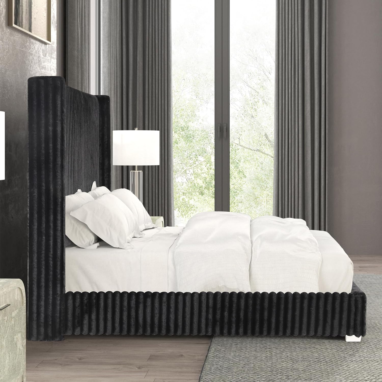 Furniture of America Plutforn Modern Wood 65-inch Queen Platform Bed with Fur Chenille Fabric, No Box Spring Required for Bedroom, Guest Room, Black
