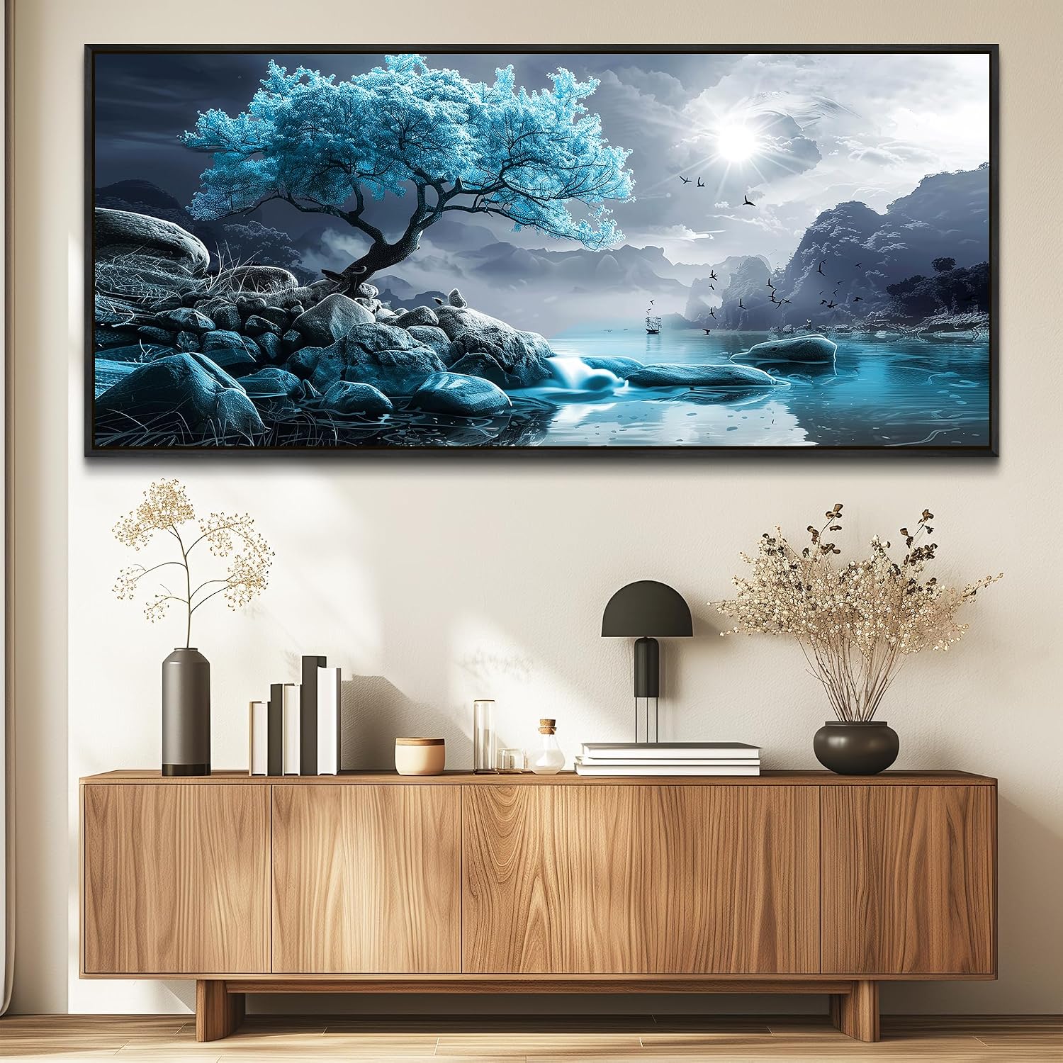 KELIYUAN Large Canvas Wall Decor Bedroom Blue Tree Landscape Wall Paintings Wall Art For Living Room Black And White Pictures Office Mural Framed Prints Artwork Modern Home Decor Aesthetics 32'X72'
