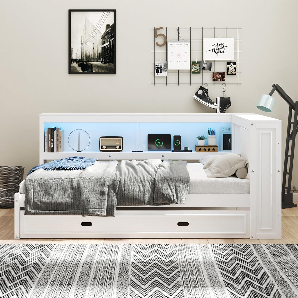 Modern Full Size Daybed with Storage Shelves and Bookcase, L Shape Corner Bed with LED Lights & USB Ports, Full Wood Daybed with Trundle for Kids Teens Adults (White-Q28)