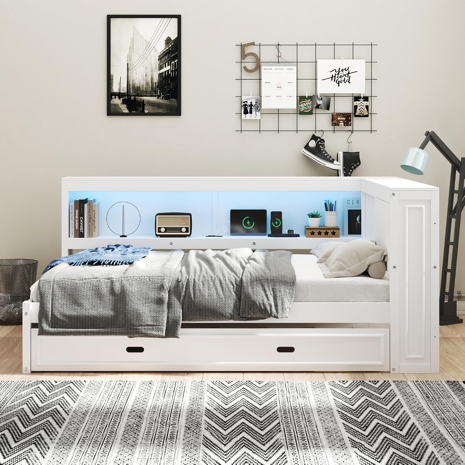 Modern Full Size Daybed with Storage Shelves and Bookcase, L Shape Corner Bed with LED Lights & USB Ports, Full Wood Daybed with Trundle for Kids Teens Adults (White-Q28)