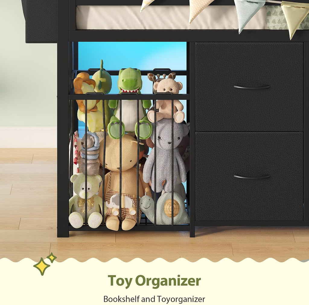 UPOSOJA Twin Size Low Loft Bed with RGB Lights & Play Zone, 8 XL Drawers, Kids Play Loft Bed with 2-Step Ladder & Anti-Tip Kit (Black)
