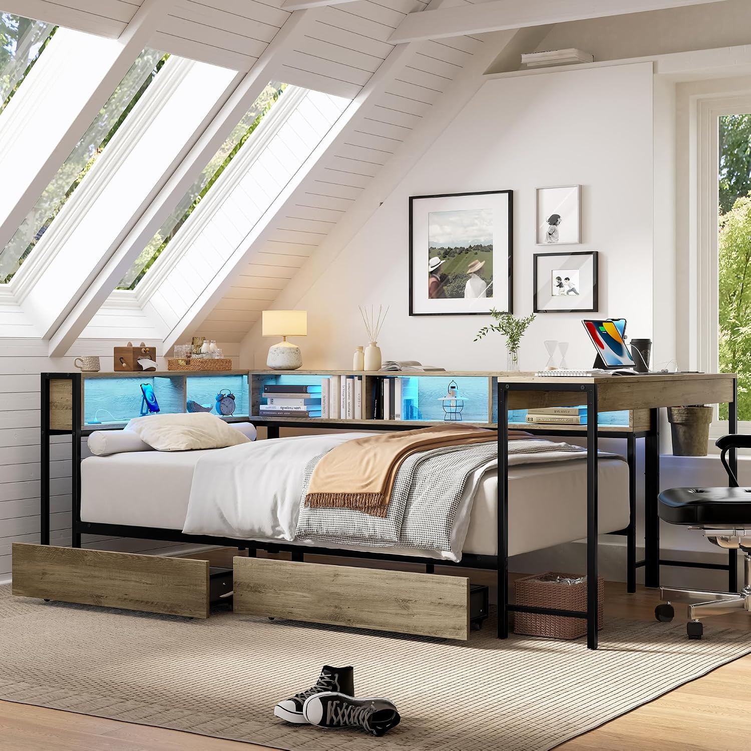 TTK Twin Size Corner Bed Frame with LED Lights, Bookcase Headboard, 2 Storage Drawers, Charging Station & Hutch Desk – Modern Metal Daybed for Bedroom, Guest Room or Living Room, Brown (Twin)