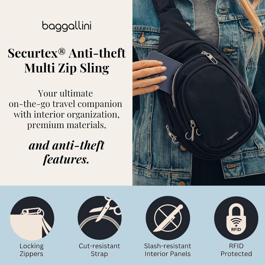 Baggallini Securtex® Anti-Theft Multi Zip Sling - Lightweight 8.6'x15.2' Travel Bag with Locking Zippers & RFID Protection