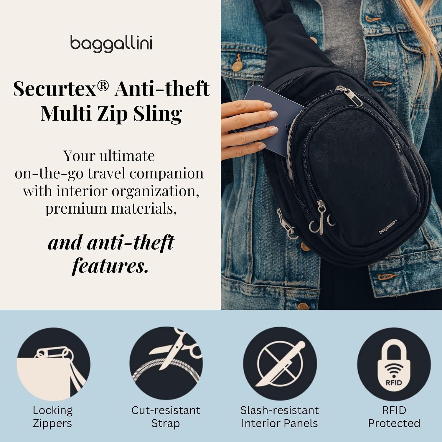 Baggallini Securtex® Anti-Theft Multi Zip Sling - Lightweight 8.6'x15.2' Travel Bag with Locking Zippers & RFID Protection