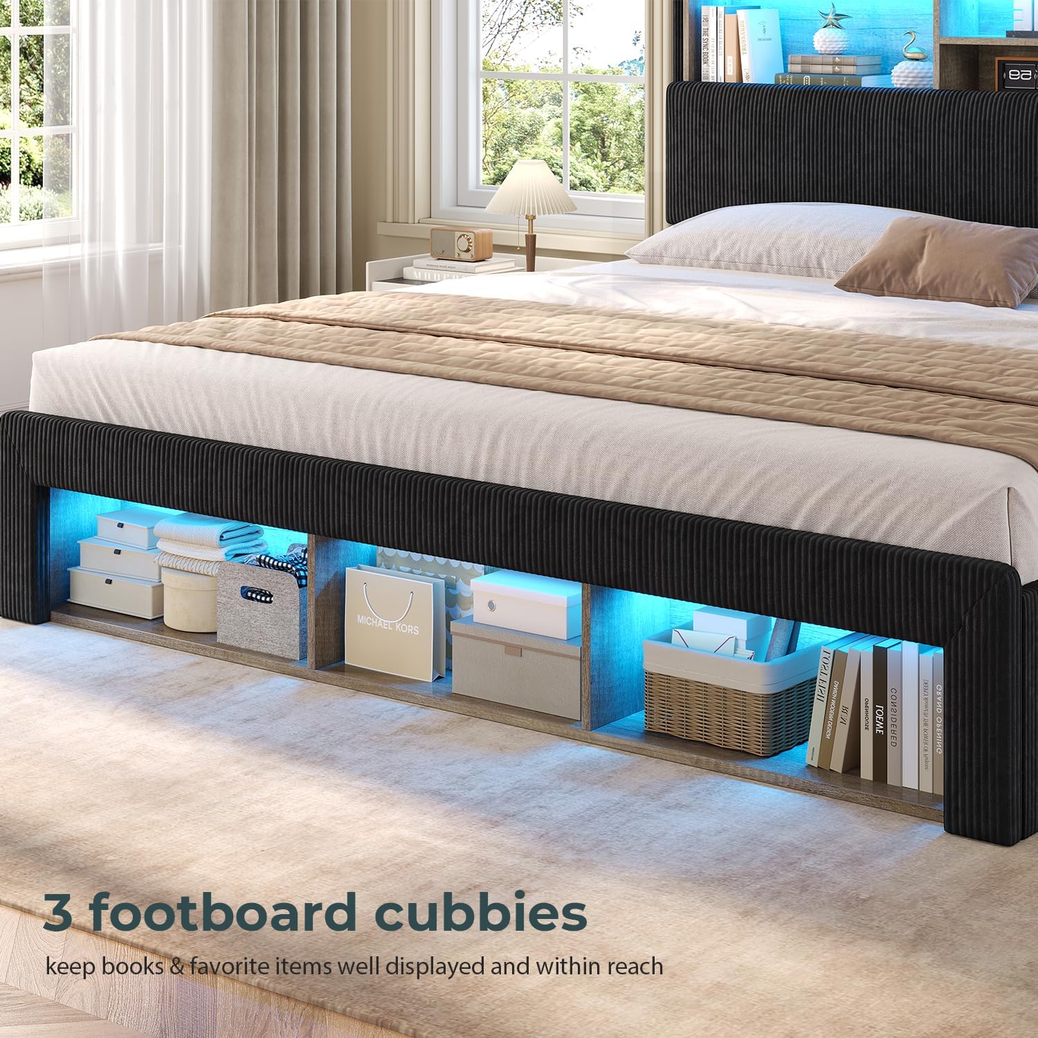 ADORNEVE California King Bed Frames with 4 Storage Drawers, Footboard Cubbies and RGB Lights, Corduroy Upholstered Platform Bed with Power Outlets and Storage Headboard, No Box Spring Needed, Black