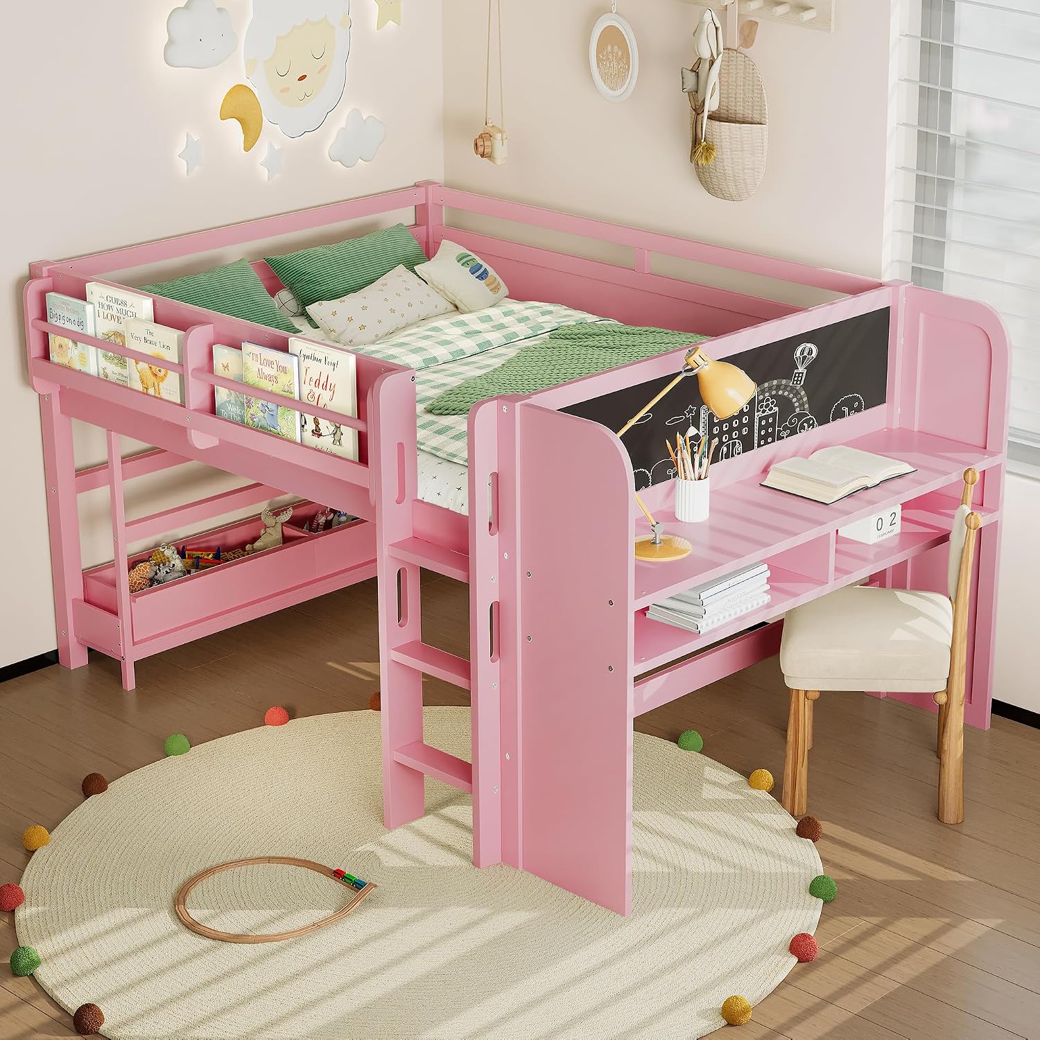 MERITLINE Full Loft Bed with Desk & Blackboard, Twin Multi-Functional Bed with Storage, All-in-One Study & Play Design, Pink