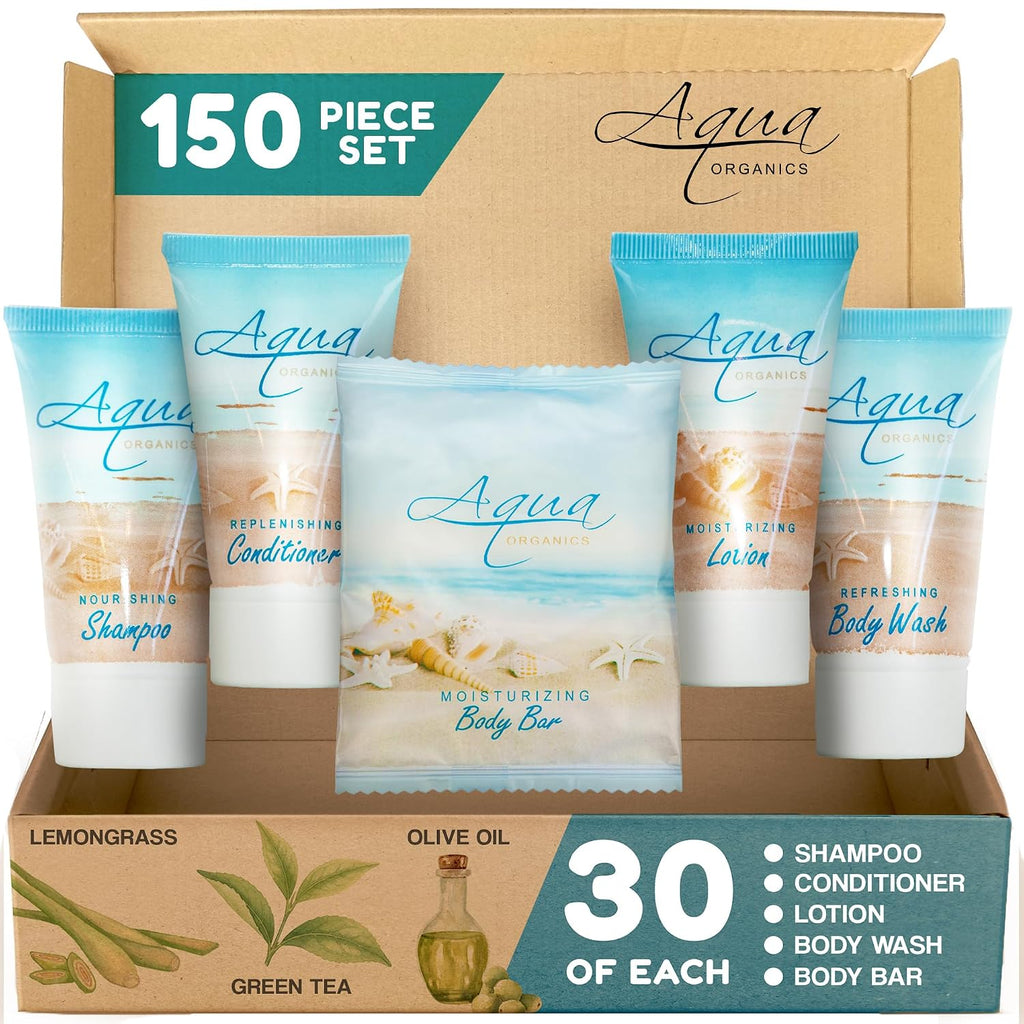 Terra Pure Aqua Organics Hotel Soaps & Toiletries Bulk Set | 1-Shoppe Amenities Kit | 1oz Shampoo & Conditioner, Body Wash, Lotion, 1oz Bar Soap | Travel Size | 150 Pieces