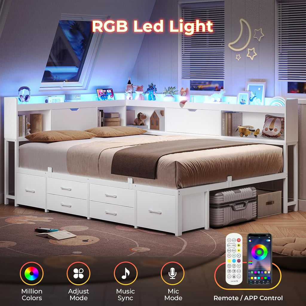 AOGLLATI Full Size Corner Bed Frame with 6 Storage Drawers and Bookcase Hidden Headboard, Full Bed Frame Metal Platform Daybed with Charging Station and LED Lights for Kids Teens, White