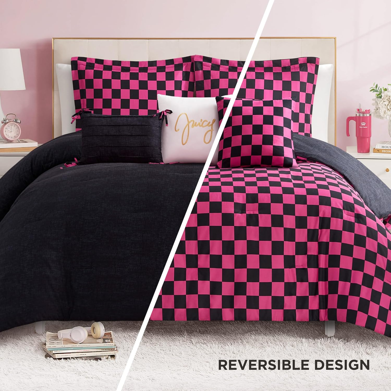 Juicy Couture Reversible Checkerboard Comforter Set 6-Piece Full/Queen Set, Black/Hot Pink