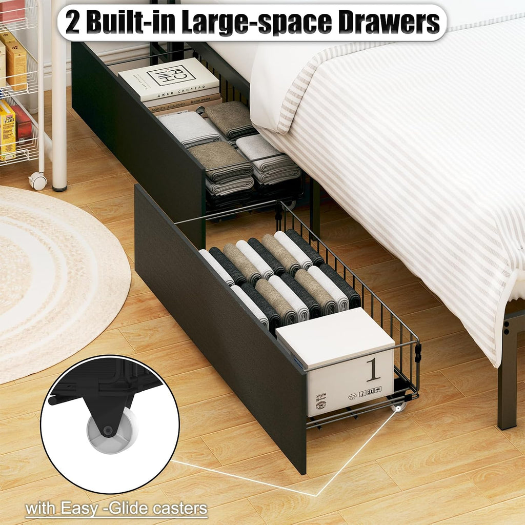 Black Full Corner Bed Frame with Storage Drawers, Metal Daybed with Storage Bookcase, Kids Platform Bed with Charging Station and LED Lights, No Spring Mattress Needed (Black, Full)