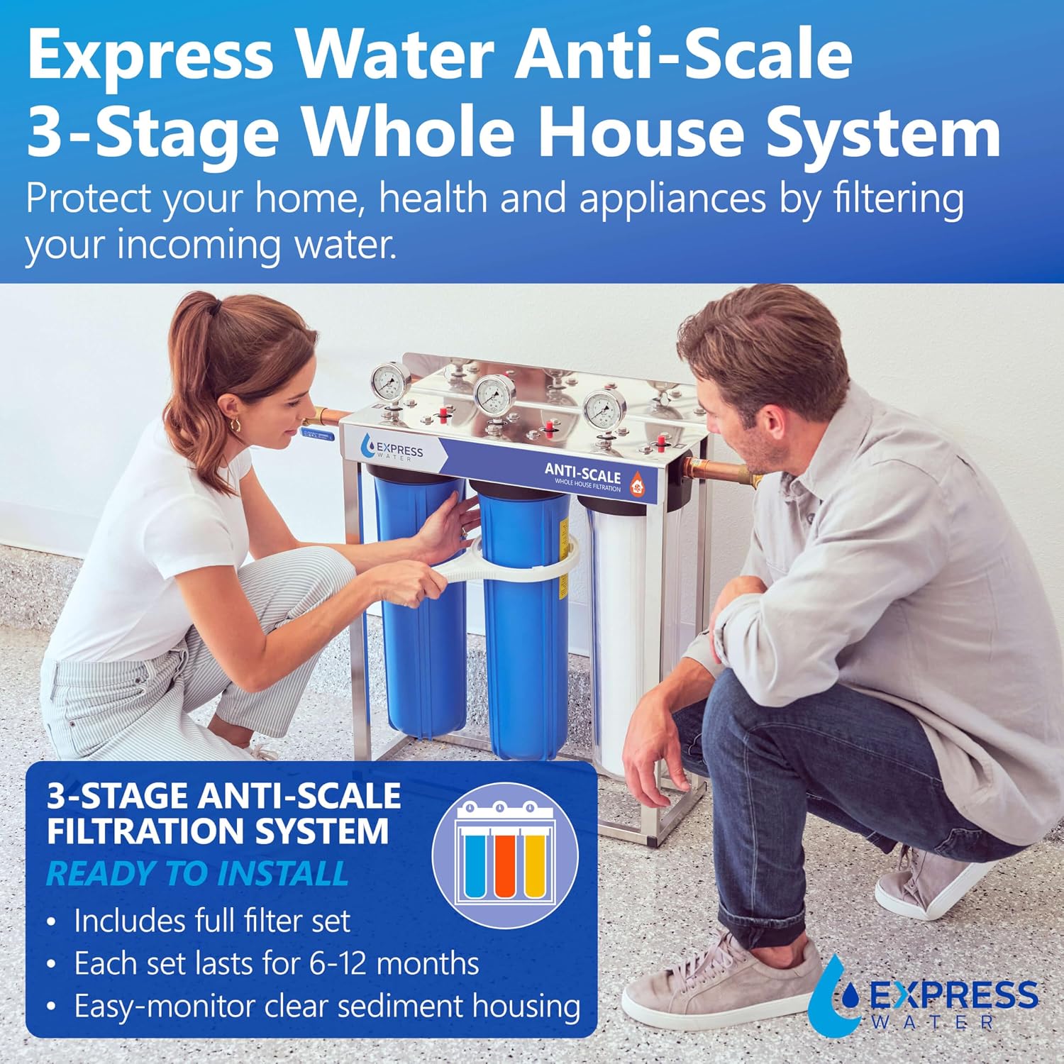 Express Water Whole House Water Filter System, 3 Stage Home Purifier System, Top Tier Filtration Specially Designed to Prevent Scale Build-Up, Protects Pipes and Appliances