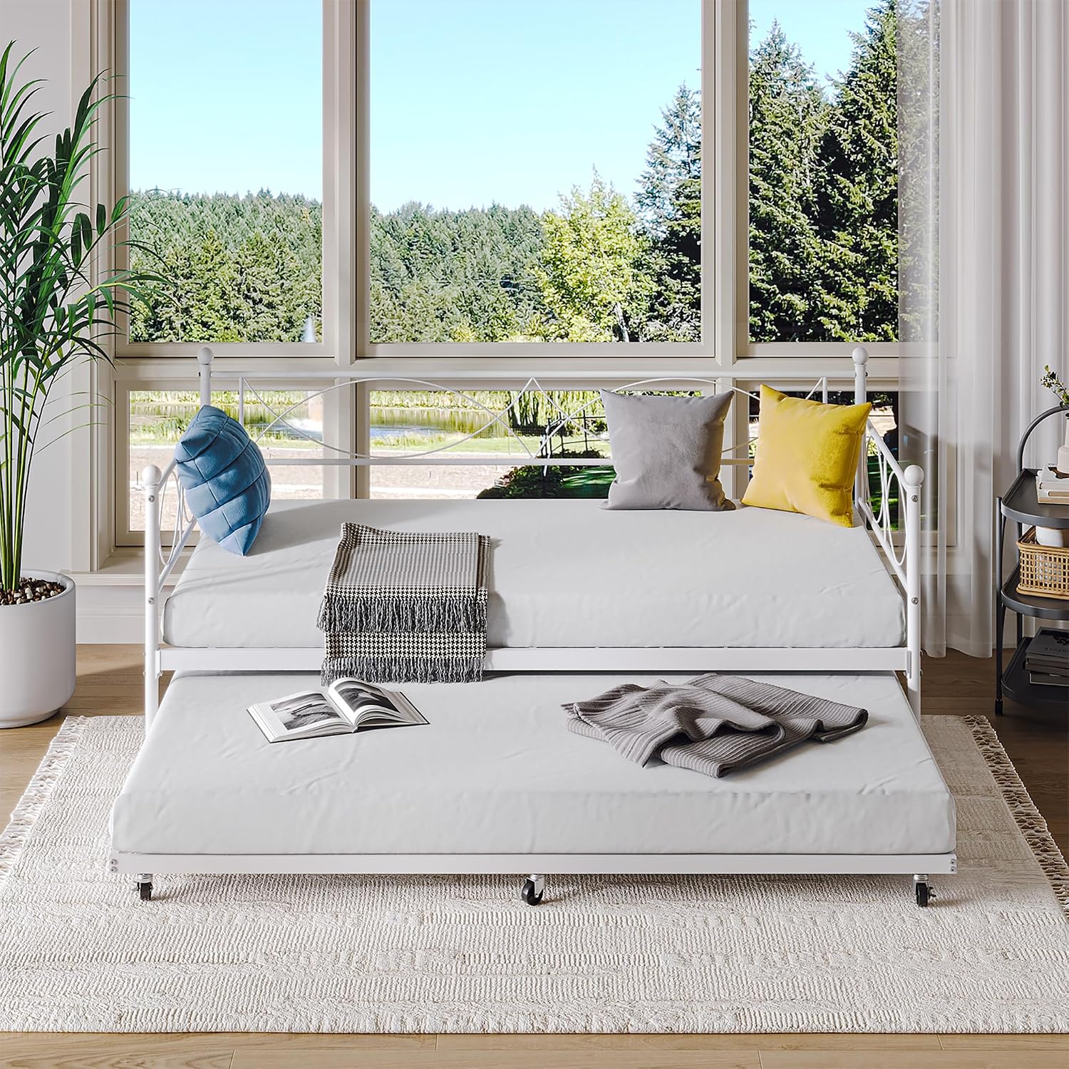 IDEALHOUSE Twin daybed with Trundle, Metal Twin Daybed and Trundle Set, Day Bed Sofa Bed Frame with Steel Slat Support, Multifunctional Daybed Frame for Bedroom (Modern - White)