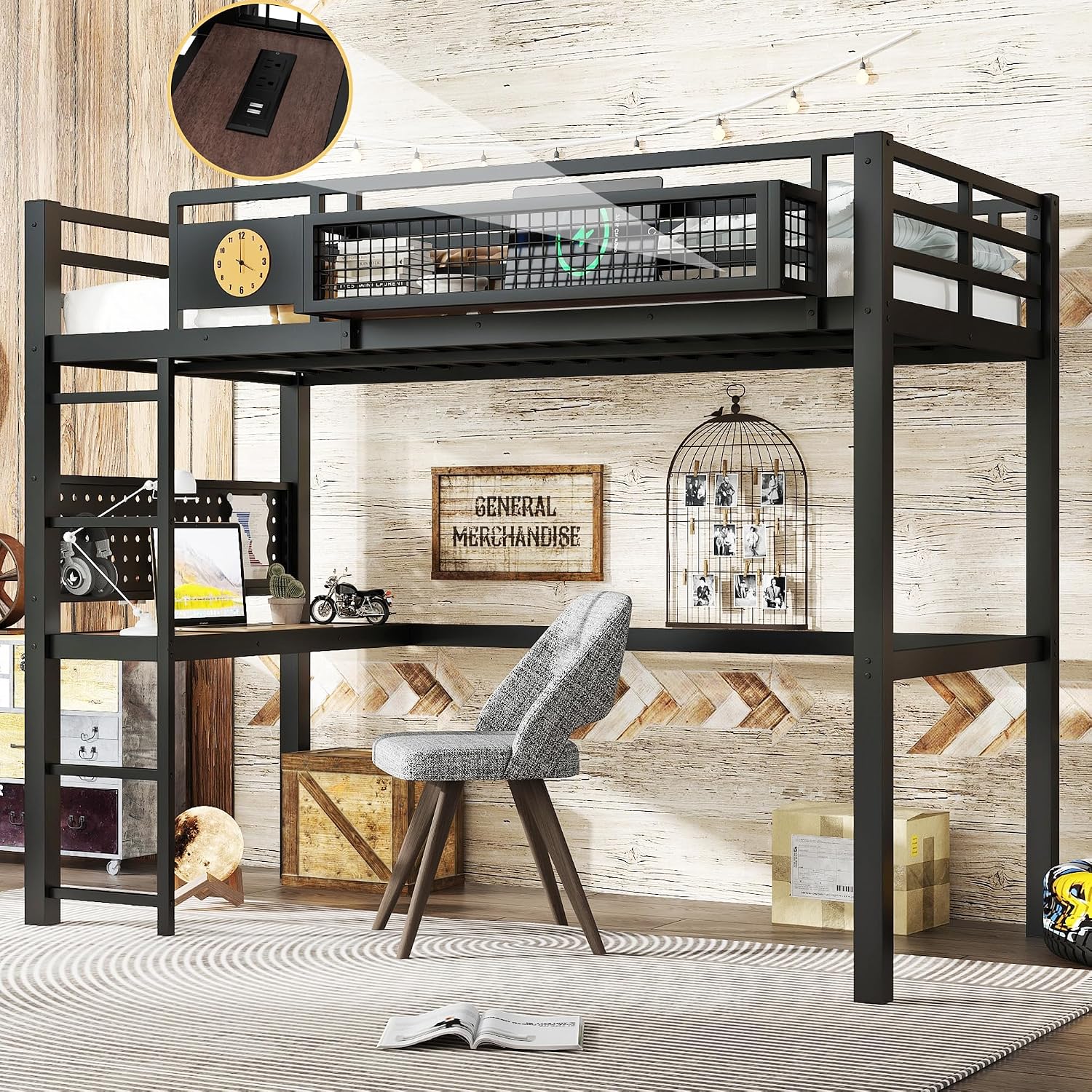 JIVOIT Twin XL Size Metal Loft Bed Frame with Desk, Bedside Storage Basket, Side Clock Design, Pegboard, 68' H Metal Loft Bed with Slats Support, No Spring Box Needed