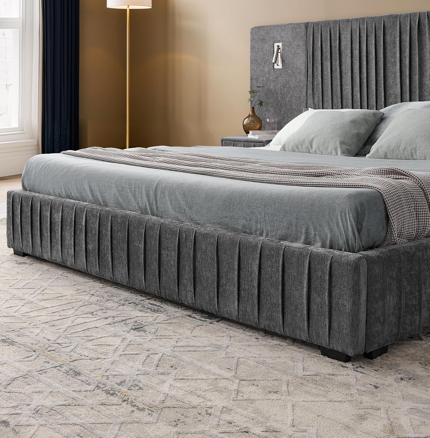 Merax Chenille Upholstered Queen Size Bed Frame with Wide Headboard and 2 Nightstands, Low Platform Bed Frame with Small Reading Lamp and Pleating Design for Adults, No Box Spring Needed, Dark Gray