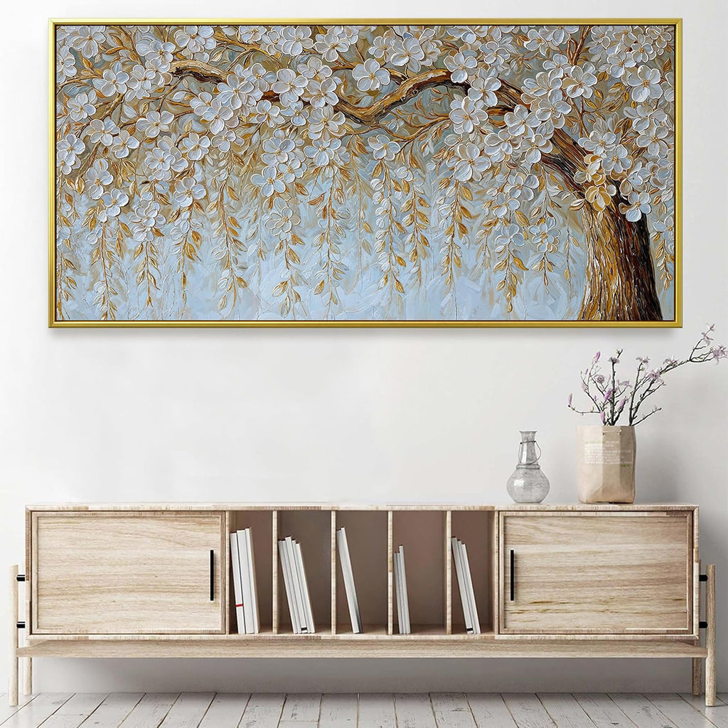 Suconvng Large Gold Framed Wall Art For Living Room Home Wall Decor Modern Canvas Art Wall Decor 29 X 58 Inches Elegant Flower White Wall Art Picture For Bedroom Office Artwork