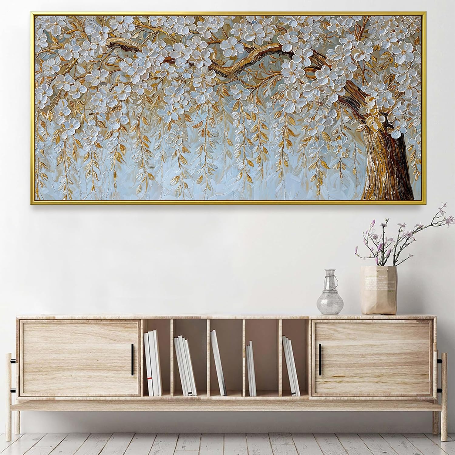 Suconvng Large Gold Framed Wall Art For Living Room Home Wall Decor Modern Canvas Art Wall Decor 29 X 58 Inches Elegant Flower White Wall Art Picture For Bedroom Office Artwork