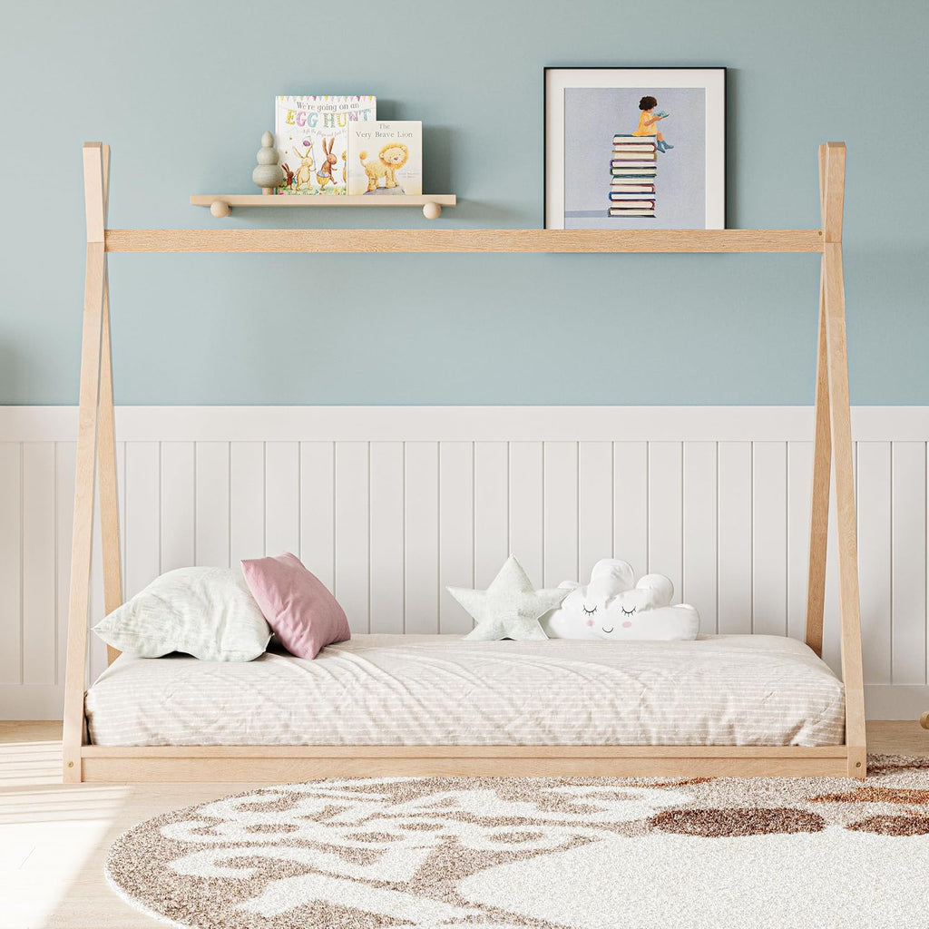 JIVOIT Wood Twin Size Tent Bed with Sturdy Triangle Frame, Montessori Style Low-Floor Bed, House Shape Tent Bed Frame, Easy Assembly (Natural/95)