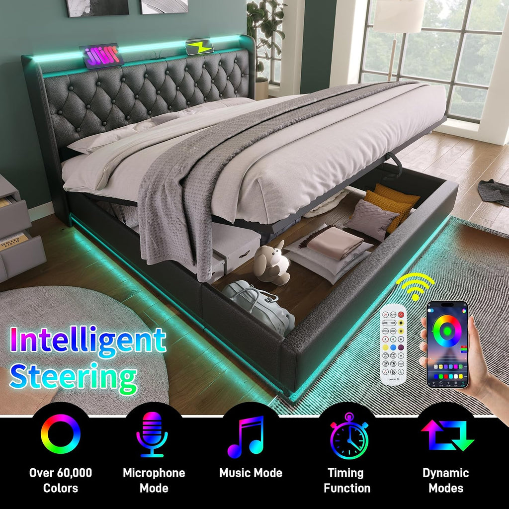 Twin Size Upholstered Bed Frame with 360° LED Lights, Hydraulic Storage, USB Charging, Modern Platform Bed with Headboard, Remote App Control for Teen, Guest Room, Small Space (Black + Full)