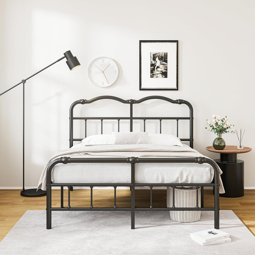 14 Inch Metal Bed Frame, with Headboard and Footboard, No Box Spring Needed, Black (Full)
