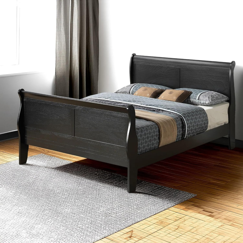 GDFStudio Full Size Wood Platform Bed Frame, Classic Sleigh Design with Curved Trim & Wood Posts,Easy Assembly, Box Spring Required,Timeless Elegant Bedroom Furniture,Black
