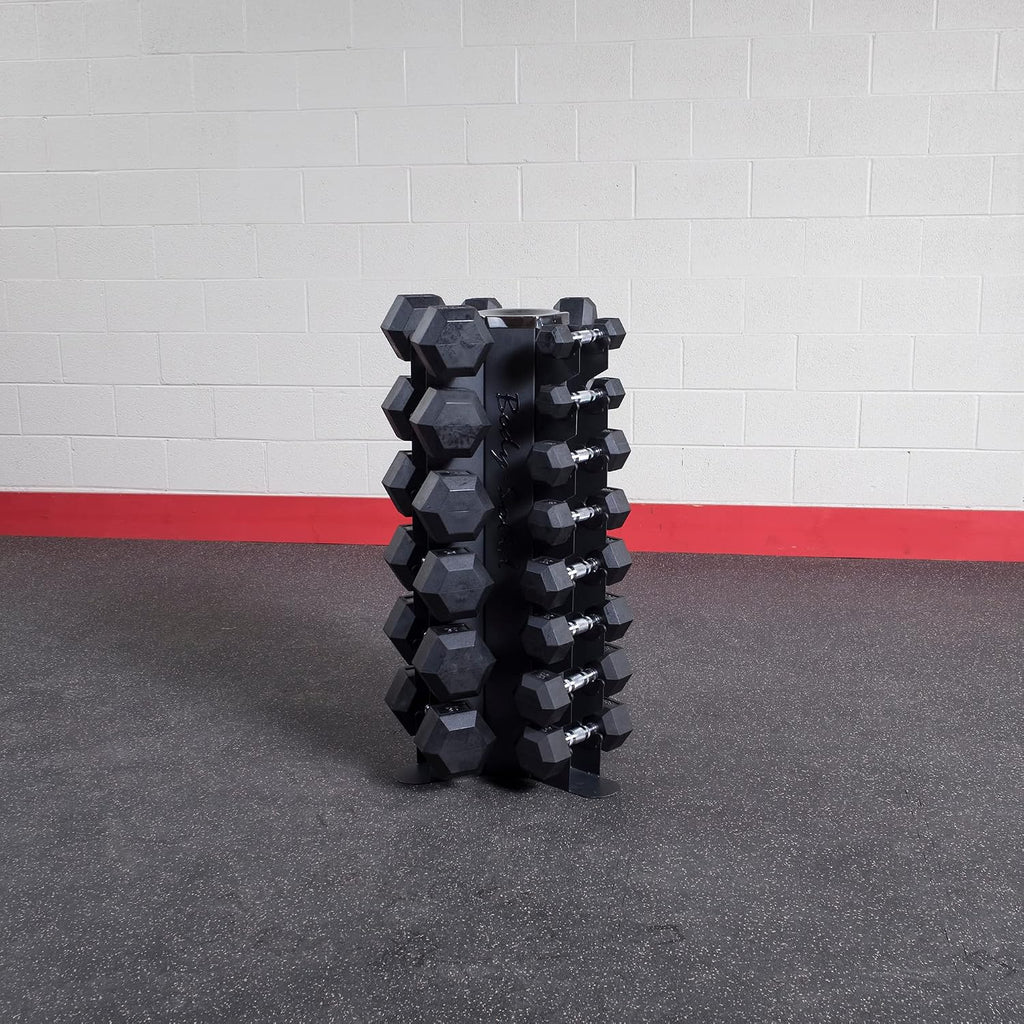 Body-Solid (GDR80-SET) 10-Pairs Dumbbell with Vertical Rack - Compact Weight Storage for Home Gym, Strength Training - Rubber Coated Hexagon Shape Dumbbells with Stand
