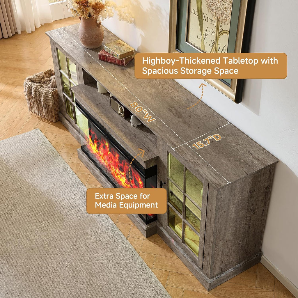 ROCKPOINT 3 Sided Glass 80' Fireplace TV Stand for TVs up to 90inch, Media Entertainment Center with Glass Door Storage Cabinet,36' Electric Fireplace with LED Light and Flame Colors,Grey