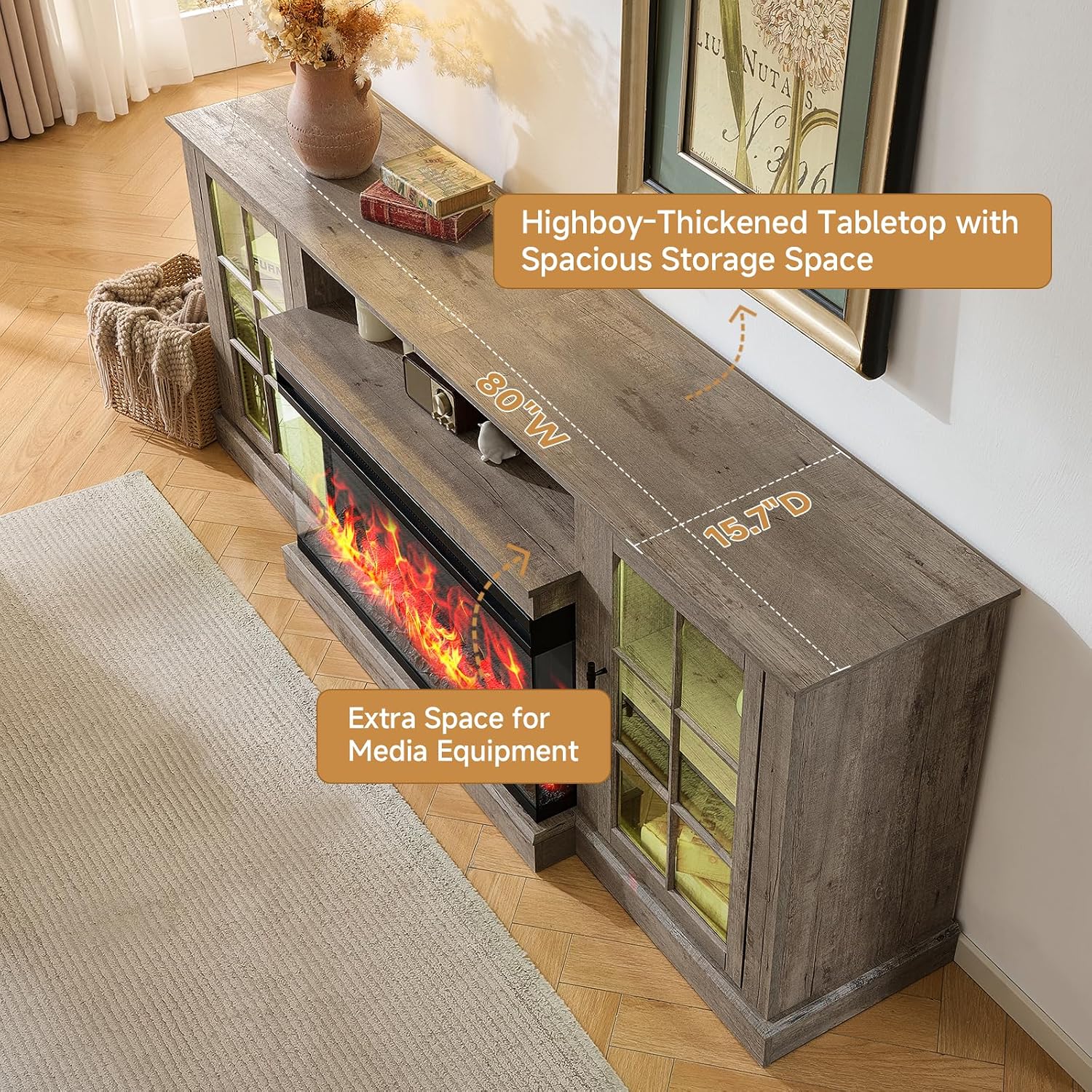 ROCKPOINT 3 Sided Glass 80' Fireplace TV Stand for TVs up to 90inch, Media Entertainment Center with Glass Door Storage Cabinet,36' Electric Fireplace with LED Light and Flame Colors,Grey