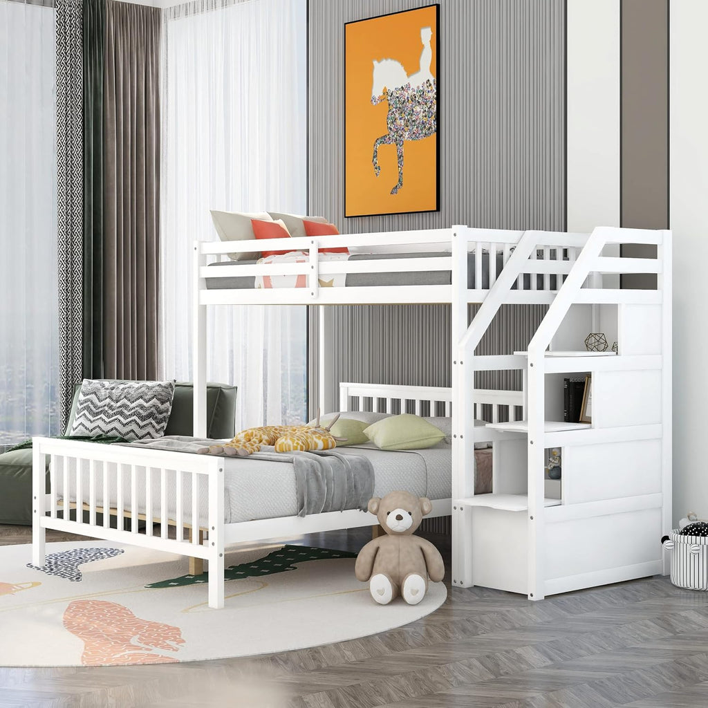 Harper & Bright Designs Twin Over Full Loft Beds, Bunk Beds Twin Over Full with Stairway and Storage, Full-Length Guardrail, No Box Spring Needed (White, Twin over Full)