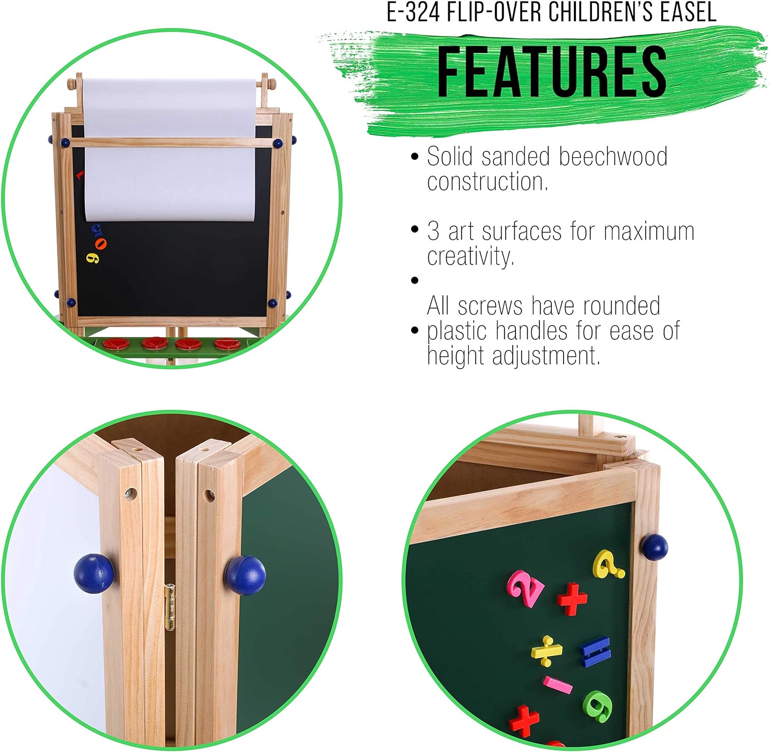 U.S. Art Supply Three Sided Art Station, Wooden Activity Easel with Paper Roll & Shelf - Easel for Drawing, Magnetic Whiteboard, Chalkboard Artist Station & Plastic Paint Cups