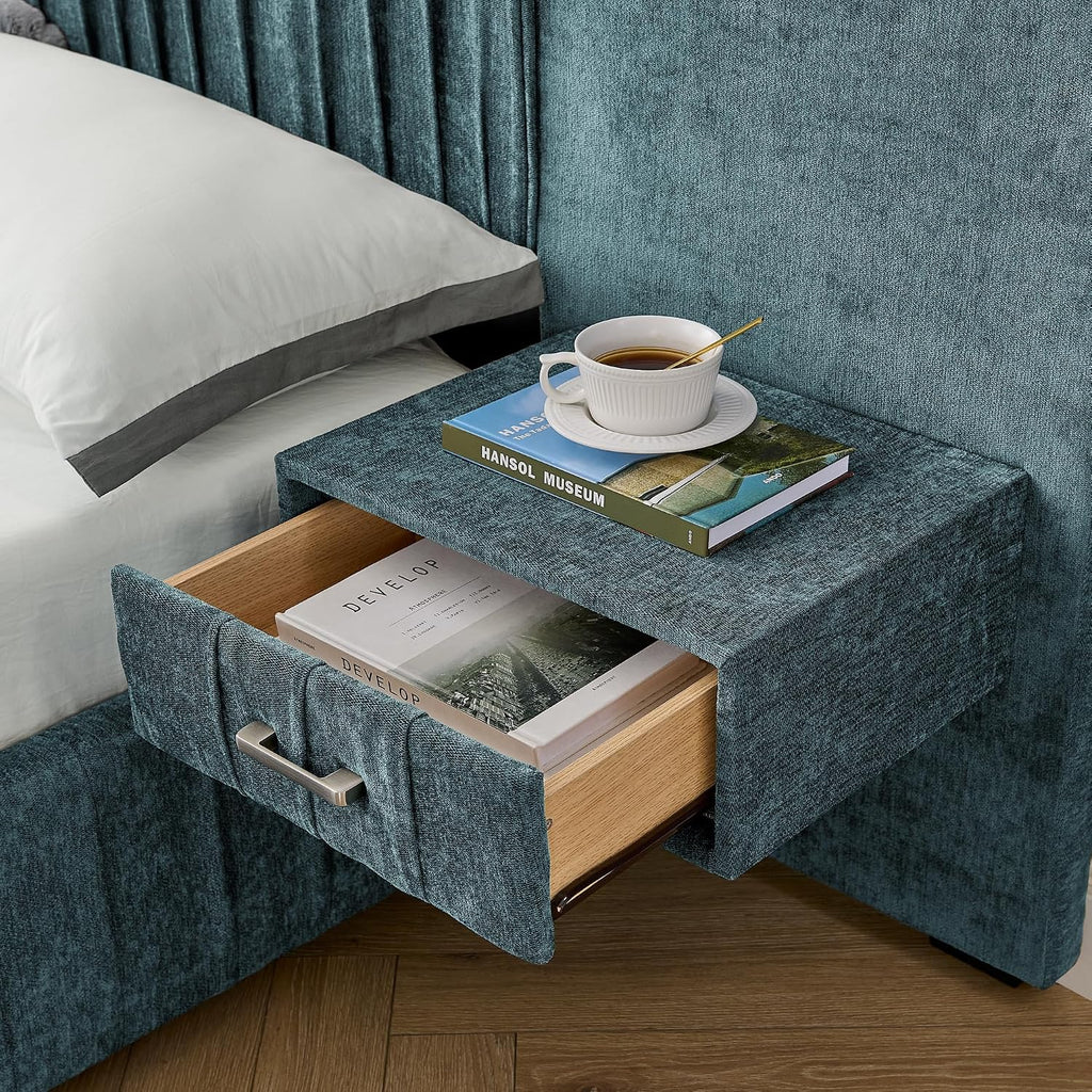 Merax Chenille Upholstered Queen Size Bed Frame with Wide Headboard and 2 Nightstands, Low Platform Bed Frame with Small Reading Lamp and Pleating Design for Adults, No Box Spring Needed, Blue Green