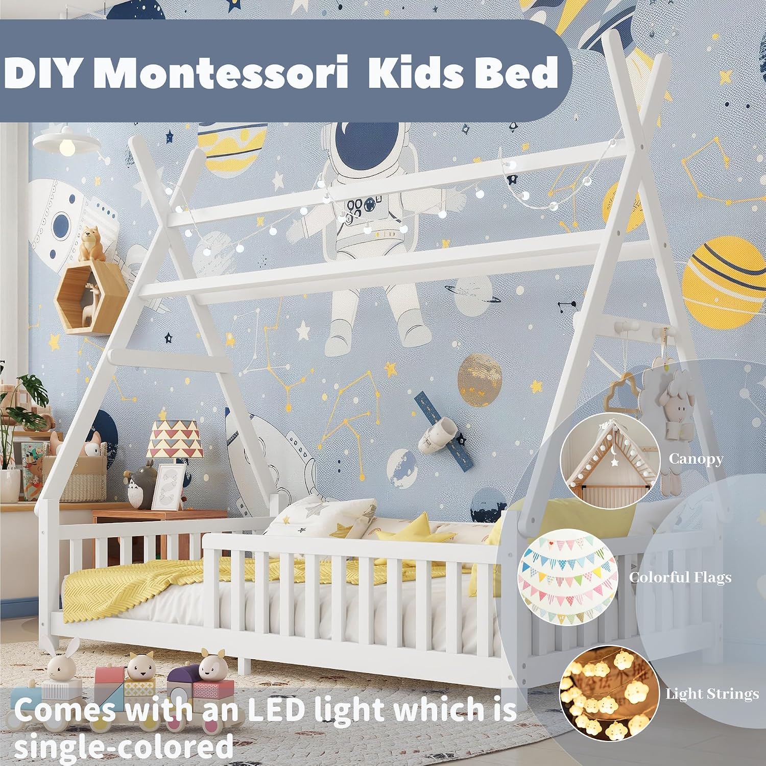 Twin Montessori Kids Floor Bed with Rails and LED Light, Low Twin Beds Frame with Fence and Removable Roof, Wood Montessori Floor Bed Frame for Kids, Girls, Boys, White