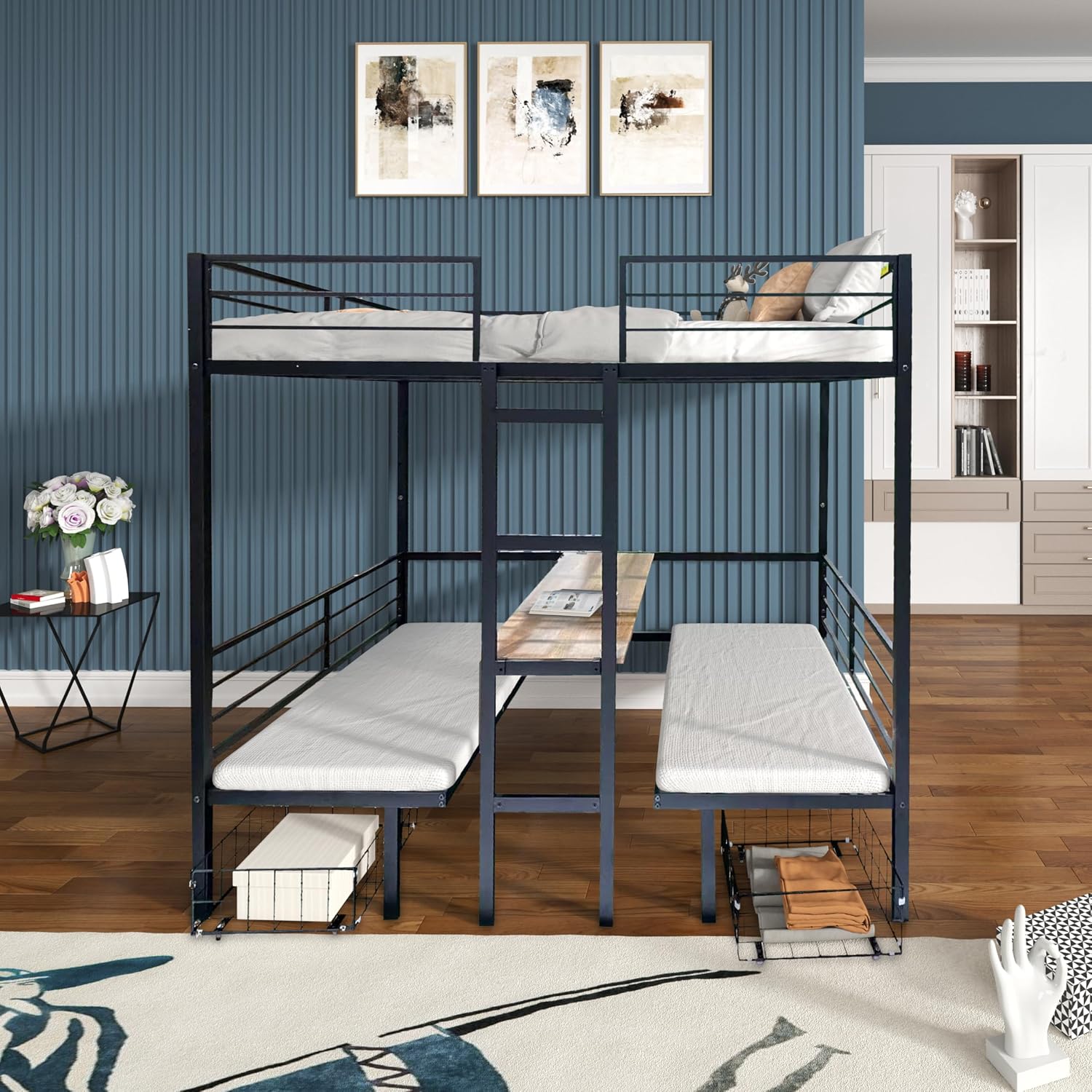 Full Size Loft Bed with Desk & Storage: Metal Bunk Bed with Study Table & Drawers - Space Saving Kids Bedroom Furniture for Siblings Shared Room