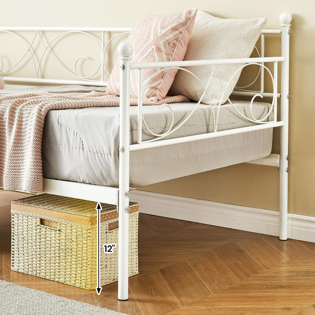 Heavy Duty Twin Daybed with Trundle, Metal Sofa Bed Frame with Floral Headboard & Slats, No Box Spring Needed, Multifunctional Platform Bed for Guest Room, Bedroom,White