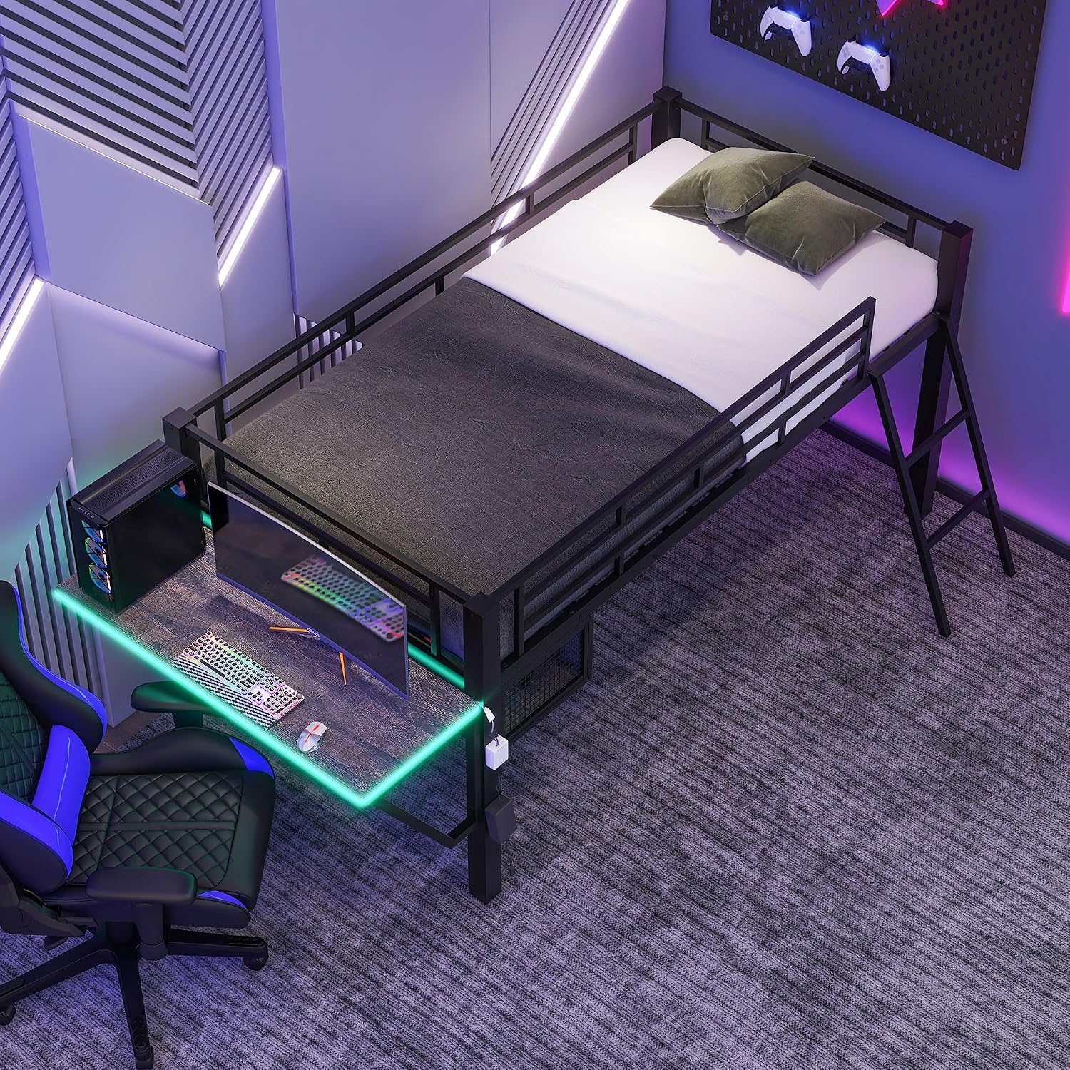 Modern Gaming Mid Loft Bed with Built-in LED Lights & Large Desk, High Sleeper Twin Size Bed with PC Gaming Setup for Teenagers, Space-Saving Furniture for Small Room (Black + Twin)