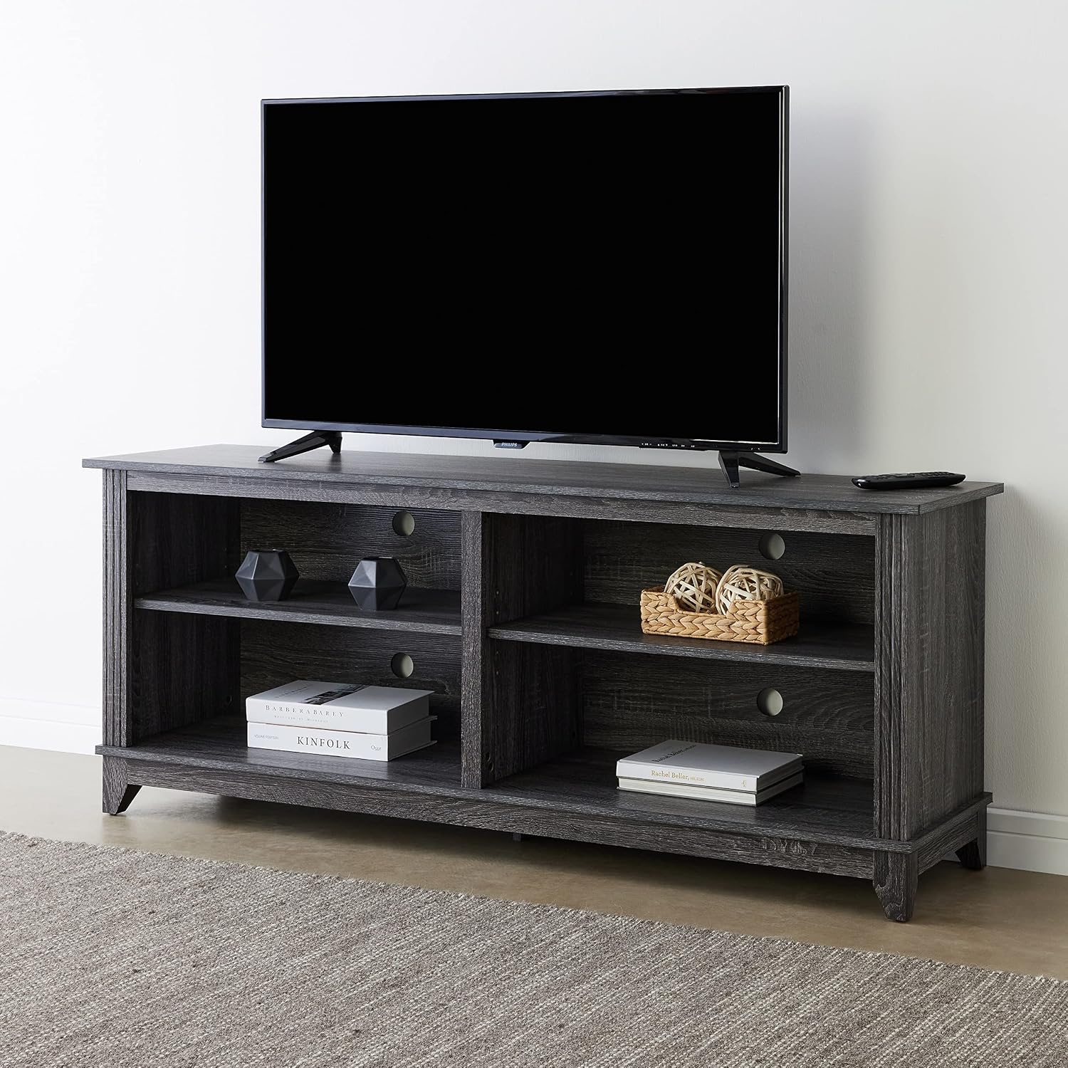 ROCKPOINT 58inch TV Stand Media Console for TV's up to 65 Inches, Home Living Room Storage Console, Entertainment Center with 4 Open Storage Shelves, Modern TV Console Table (Charcoal)