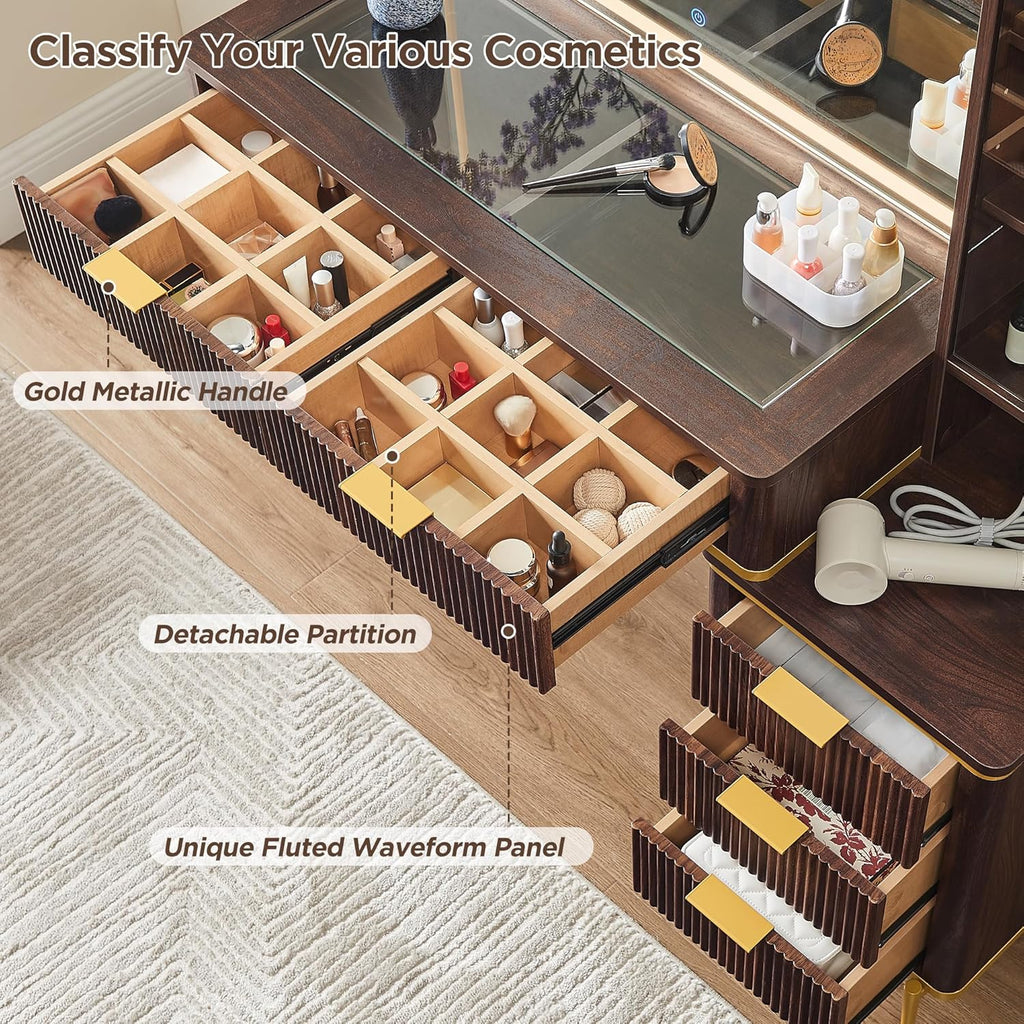 T4TREAM Fluted Makeup Vanity Desk with 36' HD Lighted Mirror, 48' Big Modern Vanity Desk with Mirror and Lights, Dressing Table with 5 Drawers & Shelves, Glass Top for Bedroom, Dark Walnut