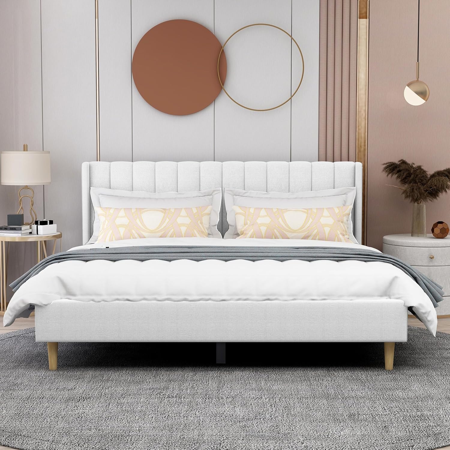 AGARTT Upholstered Platform Bed Frame King Size with Headboard and Footboard/Wooden Slats Support/No Box Spring Needed/Easy Assembly,White Linen