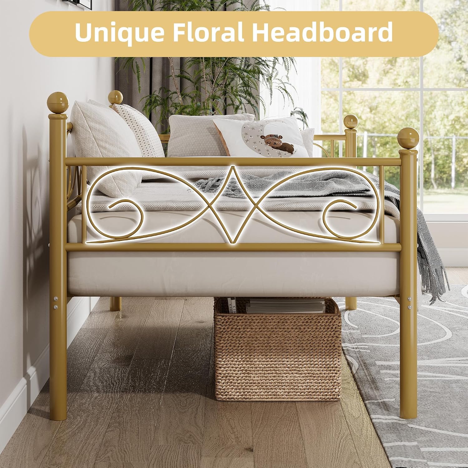 Gold Twin Size Daybed Frame with Elegant Floral Headboard, Heavy Duty Steel Slats Support, No Box Spring Needed, Modern Metal Daybed for Living Room, Guest Room, Bedroom