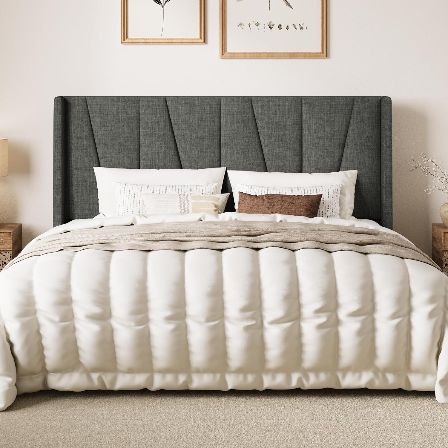 SHA CERLIN King Size Bed Frame with Geometric Wingback Headboard, Upholstered Platform Bed with, 8' Under-Bed Space, No Box Spring Needed, Easy Assembly, Grey