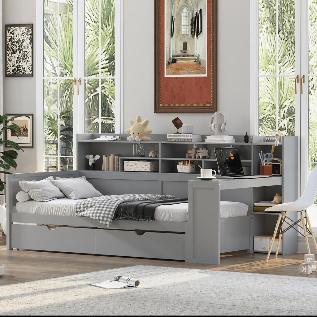 Mirightone Corner Twin Bed Frame with Bookcase Storage and Desk, Wood Day Beds with 2 Drawers, Twin Size Daybed with Storage for Living Room,Bedroom & Guest Room, Gray
