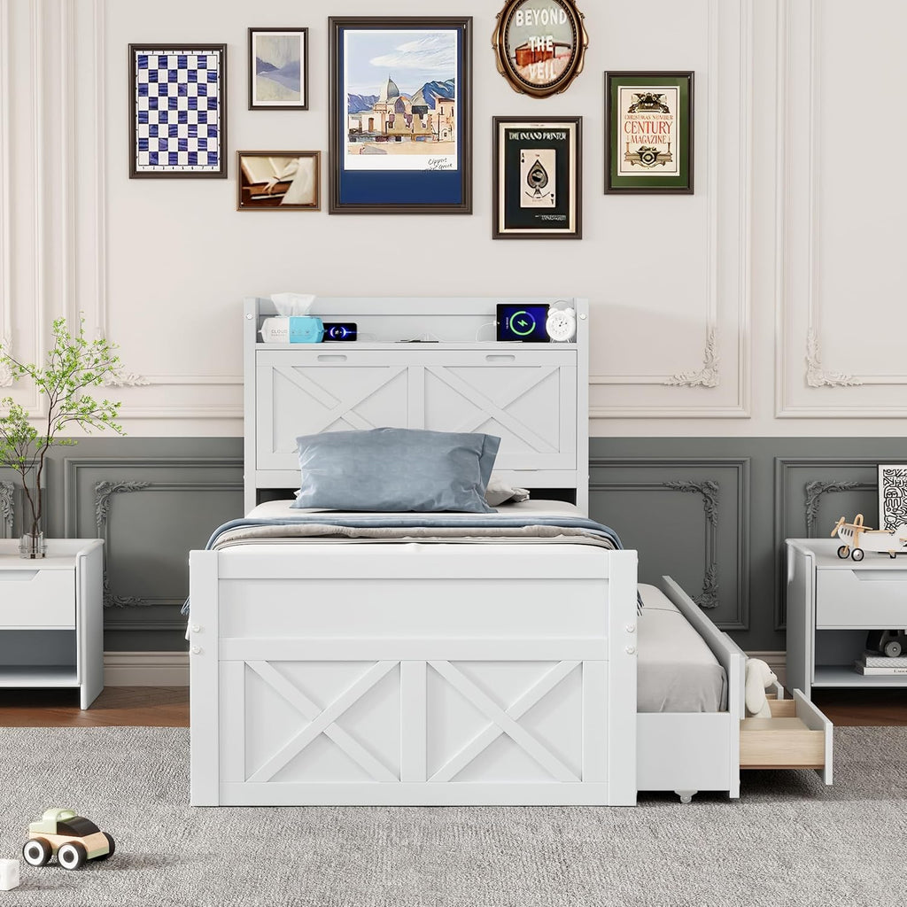 Twin Size Captain Wooden Bed Frame with Storage Headboard & Outlets | Extendable Platform Bed with Twin Trundle & 3 Storage Drawers | Modern Farmhouse Bedroom Furniture Set (White, Twin)